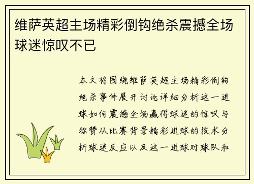 维萨英超主场精彩倒钩绝杀震撼全场球迷惊叹不已